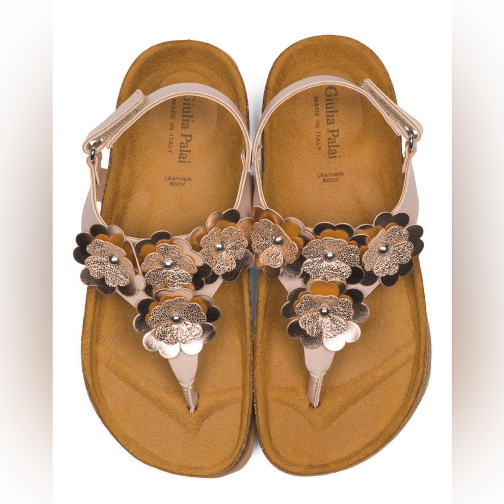 Giulia Palau Made in Italy Big Girl Sandals Velcro Flowers Gold